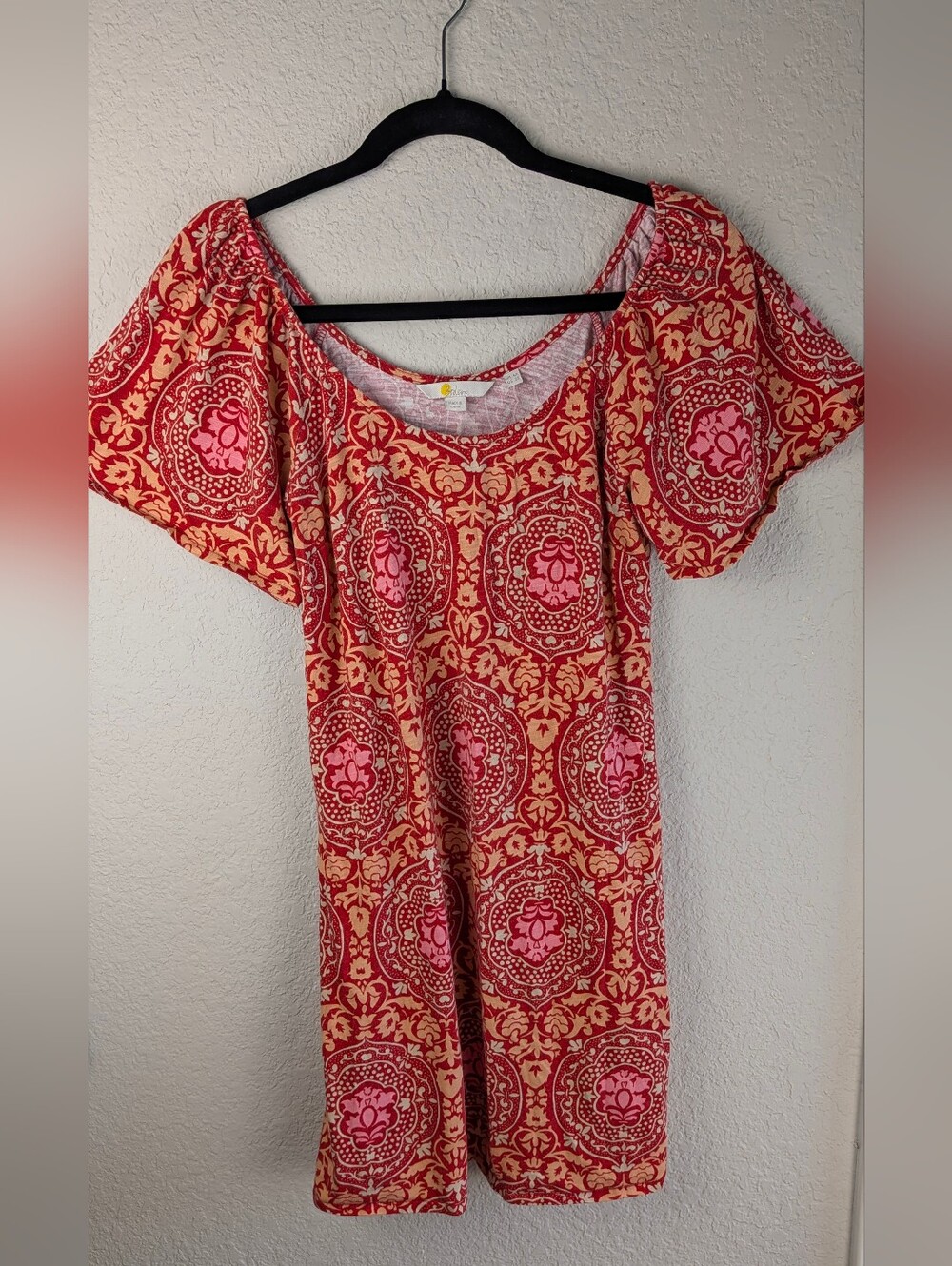 Boden Mini Shift Dress Size 2 Short Sleeves Cotton Blend Red Pink Orange Boho